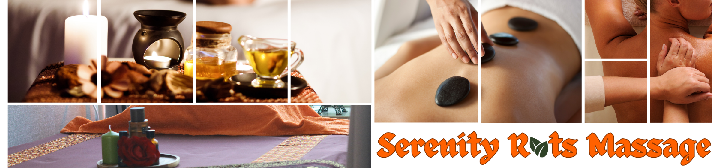 Peaceful massage scenes with hot stones, essential oils, and back therapy.